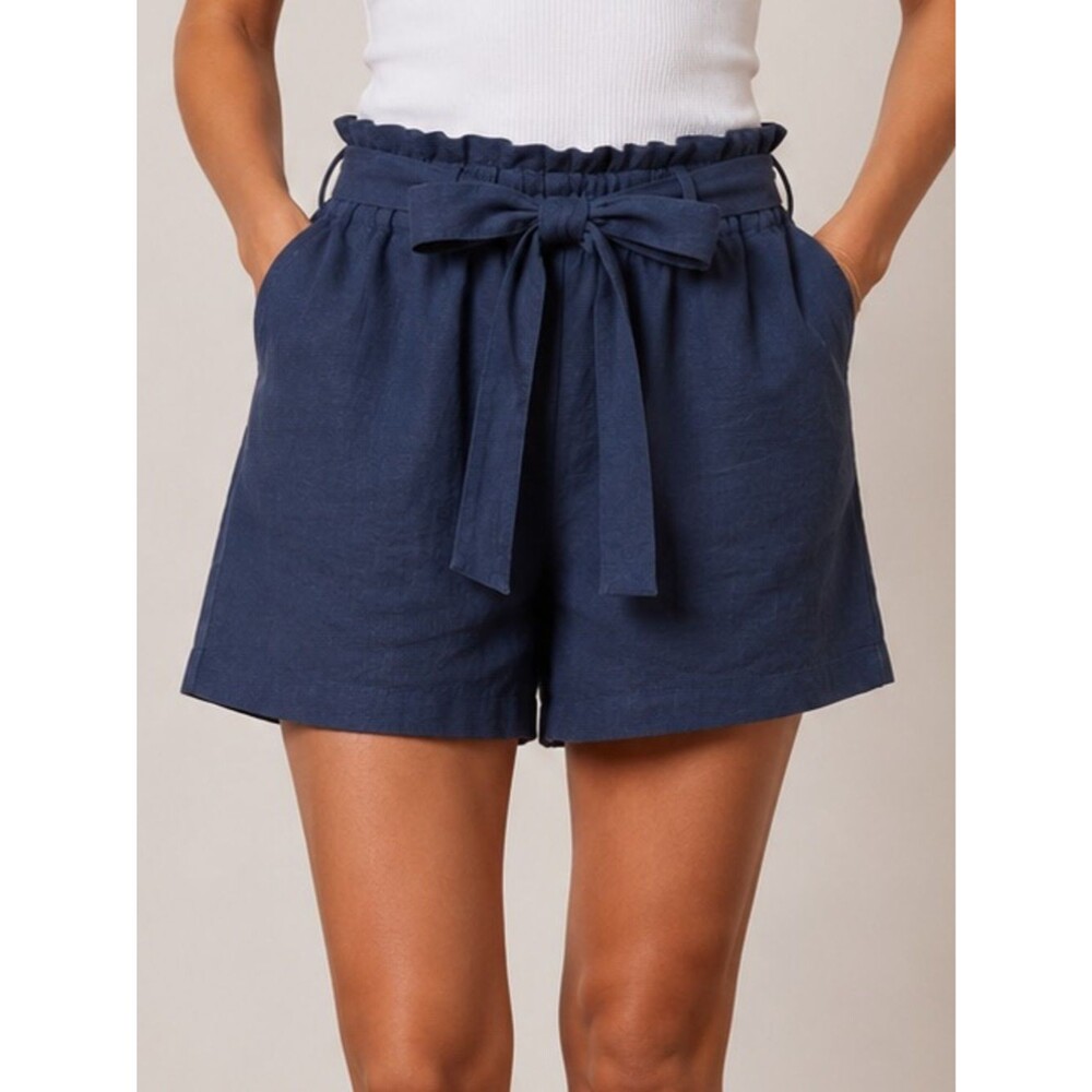 Double Zero Linen Blend Paperbag Shorts  Navy Blue Tie Waist Relaxed Sz Medium